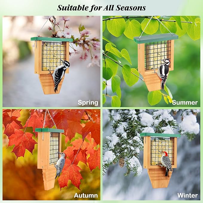 Gbekery Wooden Suet Bird Feeder for Outside Hanging, Woodpecker Suet Feeder with Tail Prop, Hanging Bird Feeder for Wild Birds, 1 Pack, Green