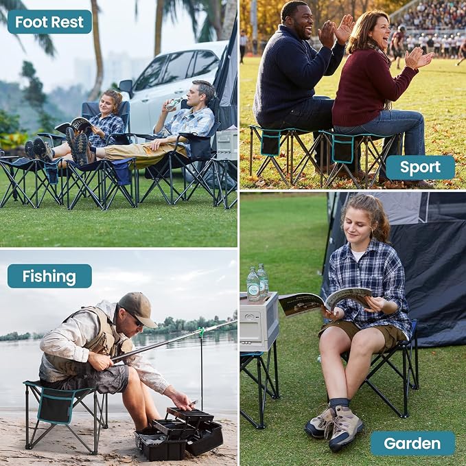 FUNDANGO Oversized Camping Stool for Adults,Thick Padded 18.1 Inch Folding Ottoman Foot Rest, 440 Lbs Heavy Duty Outdoor Camp Chairs with Anti-Slip Foots & Carry Bag for Fishing Travel (Grey)