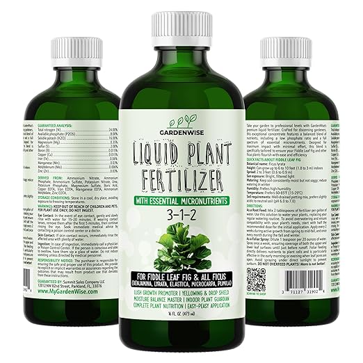 GARDENWISE 3-1-2 Liquid Fertilizer Concentrate with Micronutrients - Optimal Fiddle Leaf Fig Plant Food, Ideal for Ficus Lyrata & Fig Trees, Gold Leaf Enhanced Indoor Plant Fertilizer (32 OZ)