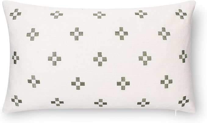 Crumbs Home Modern Farmhouse California Casual Indoor Outdoor Lumbar Pillow Cover, 12"x20" Water Repellent for Patio, Backyard, Couch, Poolside, Neutral Green Embroidered Small Squares