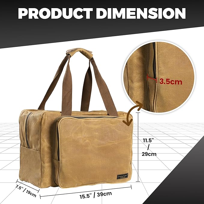Tool Tote Bag - Large Capacity Tool Carrying Bag with 2 Zipper Pouches, Sustainable 16OZ Waxed Canvas Garden Tote for Gardening Set Hammer Fishing Gear Goggles - Khaki - 15.5"L x 7.5"W x 11.5"H
