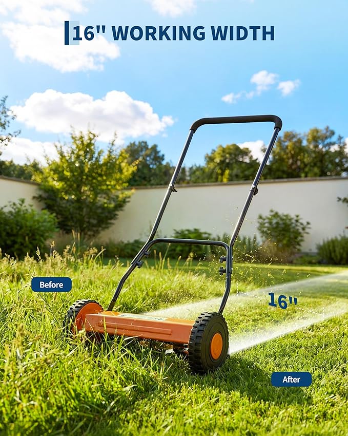 Push Reel Lawn Mower, 16 Inch 5-Blade Manual Reel Lawn Mower, Walk-Behind Lawn Mower with Adjustable Cutting Height, Orange