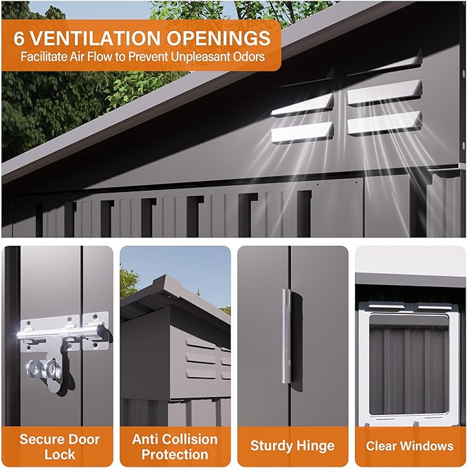 Outdoor Metal Storage Shed, Galvanized Steel Garden Shed with Sloped Roof & Vents, Waterproof Rust-Resistant Backyard Tool Shed for Patio Lawn Garden Trash Can Storage, Easy Assembly