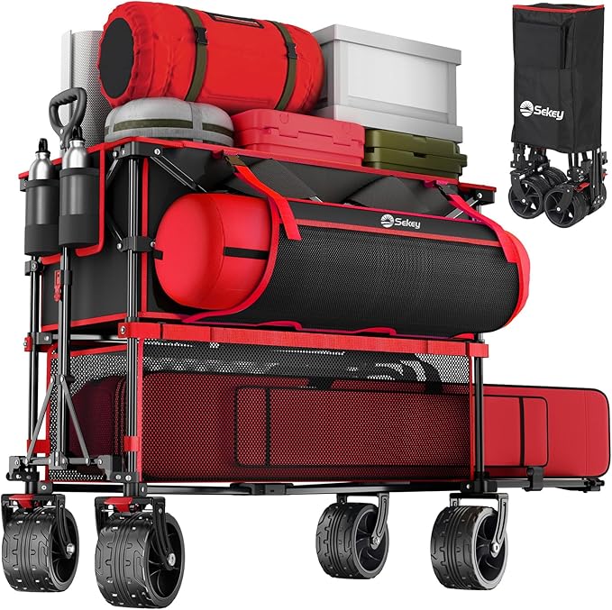 Sekey 500LBS Heavy Duty Double Decker Wagon with Extender, 400L Large Capacity Collapsible Garden Cart Fits 10x10 Canopy, All-Terrain Big Wheels with Brakes, Foldable Utility Wagon for Sports, Camping