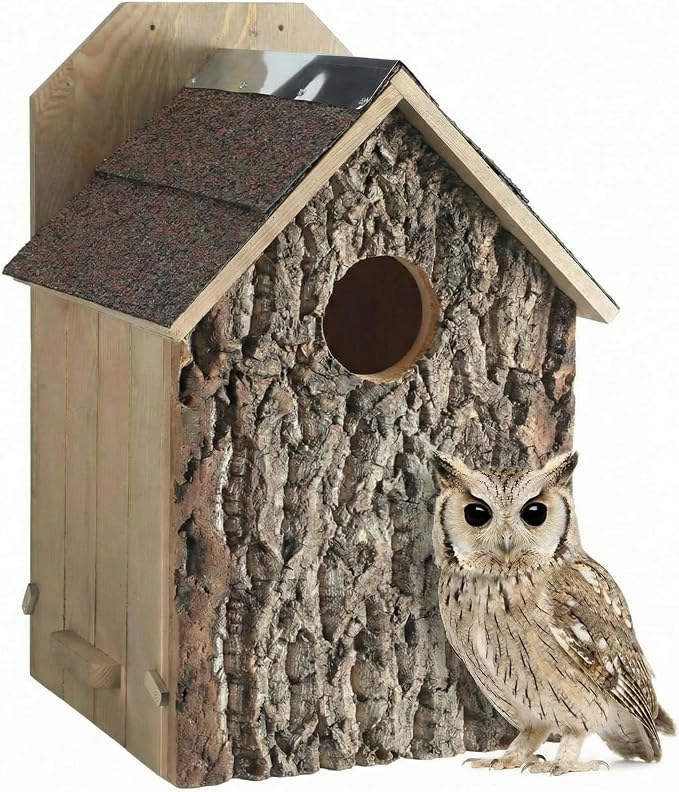 Weysat 1 Pack Screech Owl House for Outdoor Owl Nesting Box for Outside 12 x 12 x 19 Inch Cedar Wood Weather Resist Hang Handcraft Bark Shelter for Owls Bird Wildlife Lovers Garden Decor Easy Assembly