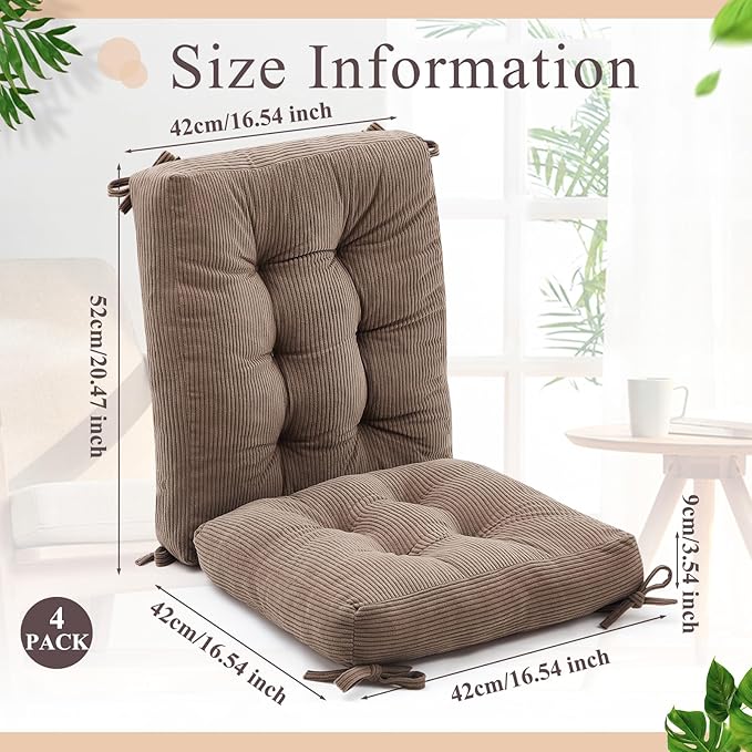 Juexica 4 Set Outdoor Patio Chair Cushions Corduroy Seat High Back Tufted Pillow Replacement Rocking Patio Chair Pads for Outdoor Indoor Home Office(Grayish Brown)