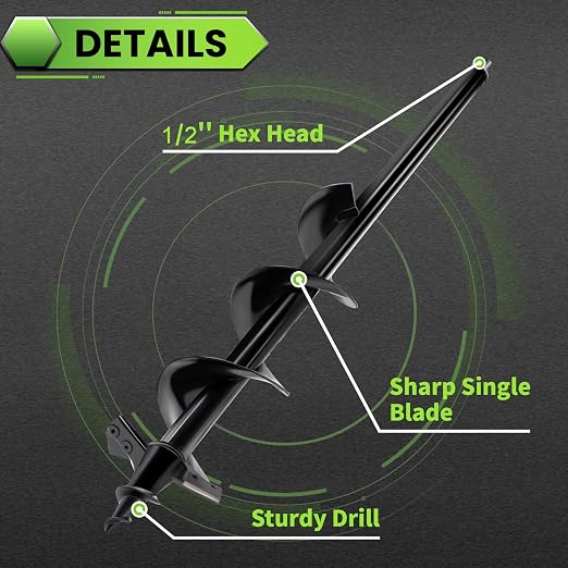 Auger Drill Bit for Planting - 4"X24" Heavy-Duty Auger Post Hole Digger for Fence- 1/2" Hex Drive Drill