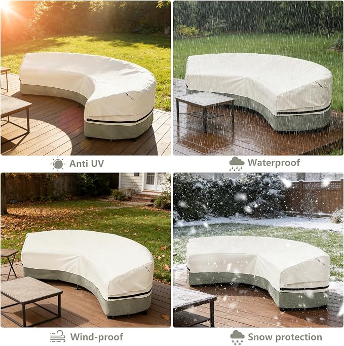 Okcool Outdoor Sectional Cover,Curved Patio Furniture Covers for 5-7 Seater Outdoor Furniture Couch,190"(Back Arc Length) / 126"(Front Arc Length) x 32"(Deep),White&Grayish Green