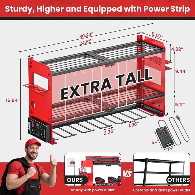 MOOMSINE Power Tool Organizer Wall Mount with Charging Station, Heavy Duty Metal Tool Storage with 5 Outlets, Cordless Drill and Battery Holder for Garage and Workshop Organization, Red