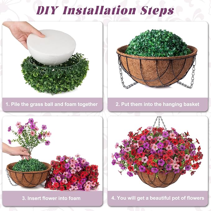 INXUGAO Artificial Silk Flowers Hanging Baskets Outdoors Indoors, Fake Daisy with Eucalyptus Leaves Arrangement for Garden Yard Spring Summer Decor Faux Green Plant(Red Brown Purple Pink)