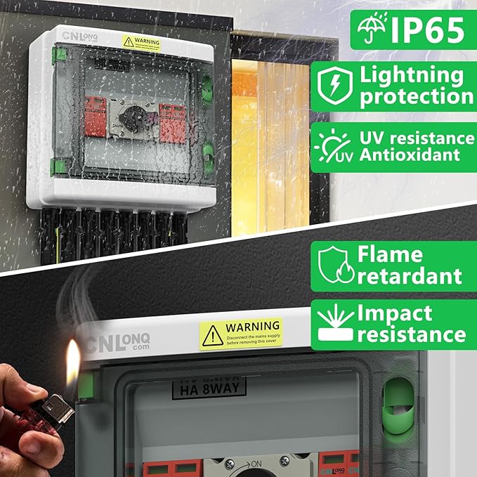 2 Strings Solar Disconnect Switch 32 Amp DC1000V with Lightning Surge Protector Arrester and IP65 Solar PV Combiner Breaker Box 2in 2out for Outdoor Solar Panel System