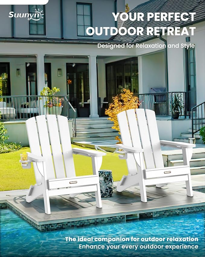Folding Adirondack Chair 6 Pack, HDPE All-Weather Fire Pit Chairs, Plastic Adirondack Chairs with 2 Cup Holder, Outdoor Lawn Chair for Patio Garden (White)
