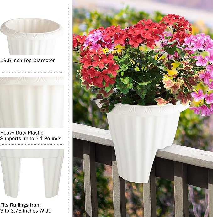 Railing Planter Box 2-Pack - 13.5-Inch Round Outdoor Flower Pots with Drainage Inserts - 2.64-Gallon Outdoor Planters for Porch, Deck, Fence, or Balcony Railings 3” - 3.75” Wide by Pure Garden (White)