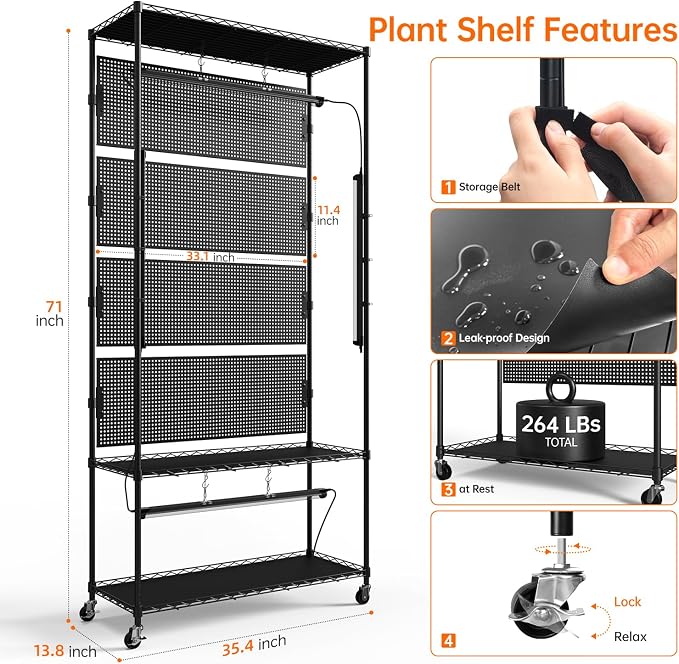 Bstrip Plant Cabinet with Pegboard, 3 Tier Plant Shelf with Grow Light, Metal Plant Stand with 4 Pack 96W Grow Lights for Indoor Plant, Foliage Plants, Seed Starting, 35.4"x13.8"x71"