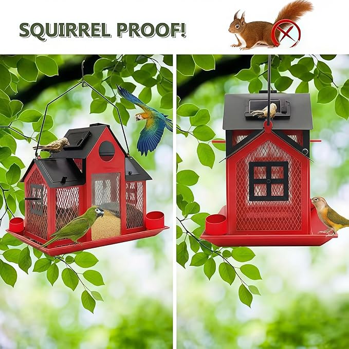 Solar Bird Feeders House for Outside Hanging, Metal Wild Bird Feeder for Outdoors Large Capacity Cardinal Birdfeeder Birdhouses Metal Bird Feeding Station Red