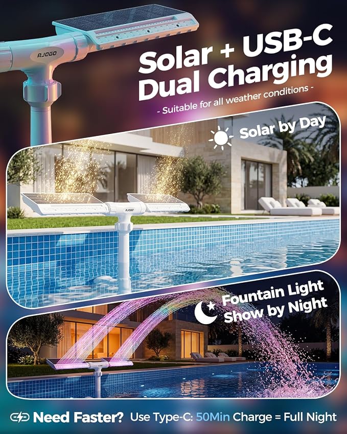 Solar Pool Fountain with Lights, Dual-Head Adjustable Spray & Timer, Remote Control, Auto Dusk Sensor, 10-Color LED Modes & 15°F Cooling Spray for Above & Inground Pools (White)