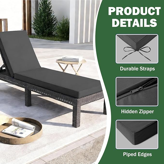 Chaise Lounge Cushions Outdoor, 72x 21x 3 Inch Waterproof & Fade-Resistant Lounge Chair Cushion, Outdoor Chaise Cushion with Removable Cover & Ties for Lawn, Patio, Pool & Beach, Dark Grey