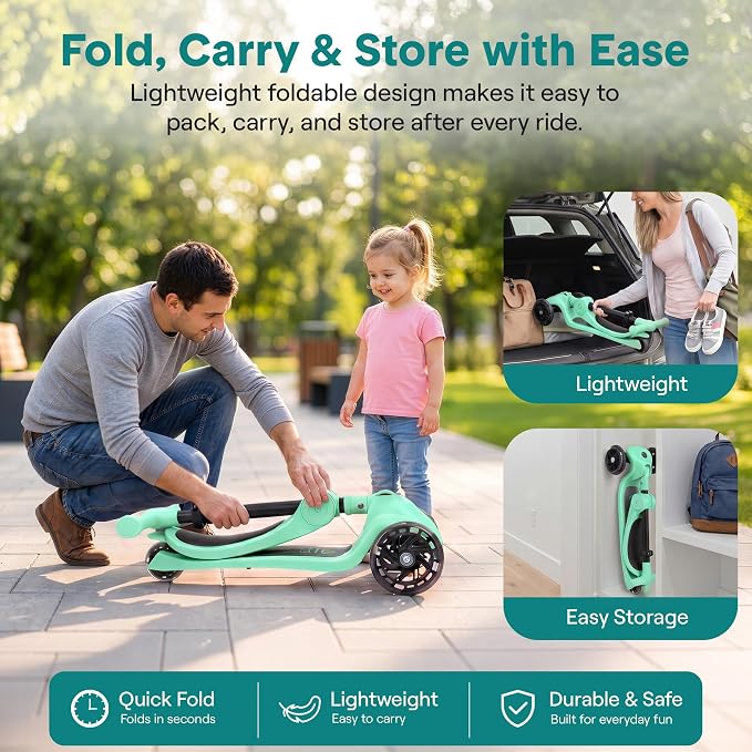 SereneLife 3 Wheel Scooter for Toddlers & Kids, Foldable Seat, LED Wheels, Adjustable Handlebar, Anti-Slip Deck, Rear Foot Brake, Lean-to-Steer, Kid Scooter, Supports up to 110 lbs (Mint Green)