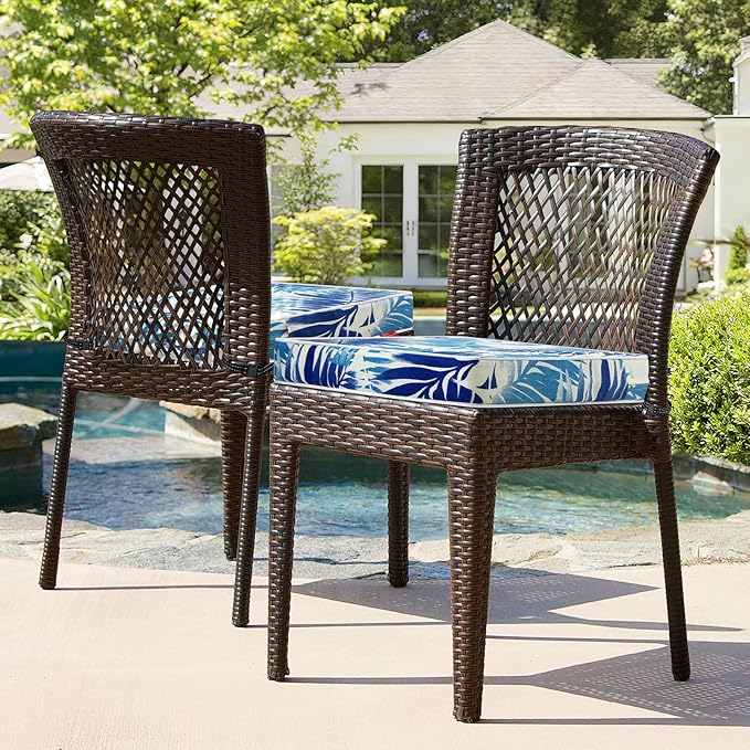 Patio Chair Cushions 22x22 Inch, Water Repellent Outdoor Seat Cushions with Adjustable Straps, Fade Resistant Replacement Cushions for Garden Deck Sofa Couch, Set of 2, Blue Leaf
