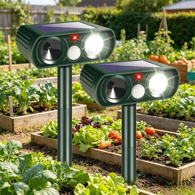 2 Pcs Upgraded Solar Animal Repellent Ultrasonic Outdoor for Cat Squirrel Racoon Rabbit Fox,Sonic Deer Repellent Devices Waterproof Flashing Light Motion Sensor Animal Repeller Deterrent for Garden