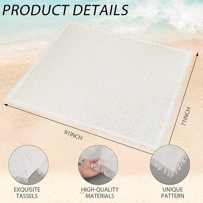 6.5 Ft Fringe Patio Umbrella and 71"x 91" Extra Large White Picnic Blanket UPF50+ Outdoor Tassels Ruffles Beach Umbrella with Steel Pole for Camping Patio Lawn Beach Park