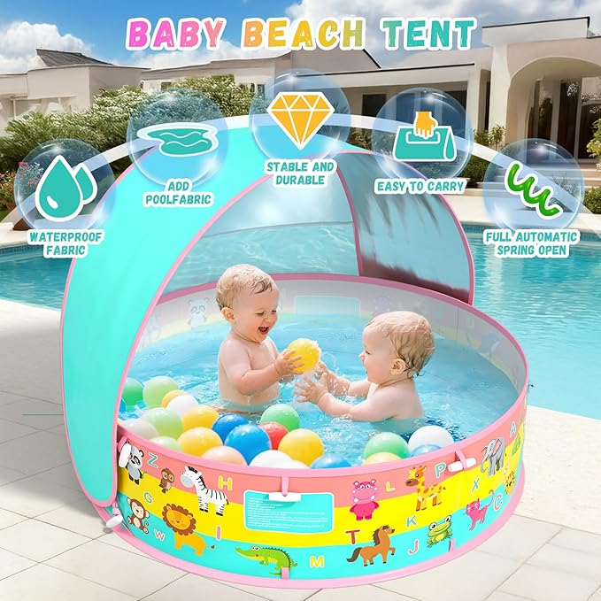 Kiddle Baby Pool with Canopy, Pop-Up Above Ground Pool, Foldable Infant Wading Pool for Toddlers 1-3, Baby Beach Tent, Portable Water Play Sum Toys for Child