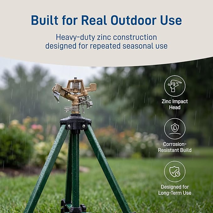 Orbit 56667Z Tripod Lawn Zinc Impact Sprinkler - 360 Degree Rotating Sprinkler