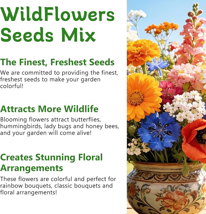LUOJIBIE Wildflower Seeds Bulk, 22,000+ Flowers Seeds for Planting Outdoor, 16 Varieties Annual & Perennial Flowers Seeds Mix Color for Garden, 4 Oz Packet, Non-GMO, Attracts Pollinators, Easy to Grow