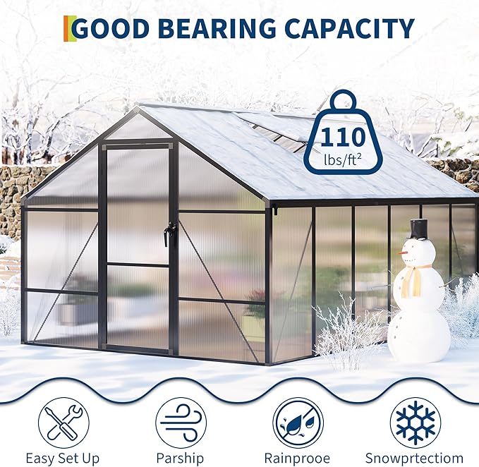Garvee 8 x 12 ft Greenhouse, Greenhouses for Outside, Polycarbonate Greenhouse with Aluminum Frame, Lockable Door and Ajustable Roof Vent for Backyard, Green Houses for Outside Garden Backyard, Patio