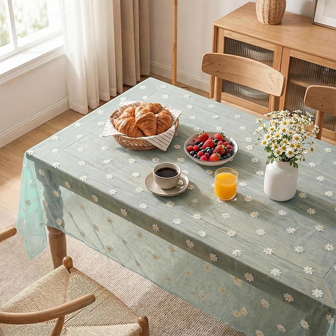 Horaldaily Green Embroidery Daisy Spring Summer Gauze Tablecloth 60×84 Inch Rectangular, Seasonal Tulle Table Cover, Garden Party Decorations for Wedding, Party, Holiday Dining
