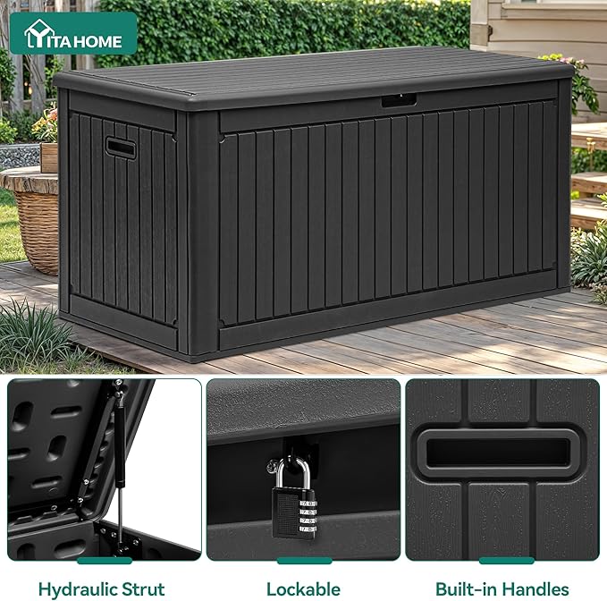 YITAHOME 320 Gallon Extra Large Deck Box, Double-Wall Resin Outdoor Storage Box with Flexible Divider for Patio Cushions Pool Supplies Garden Tools, 1000lbs Load Capacity, Lockable&Waterproof (Black)
