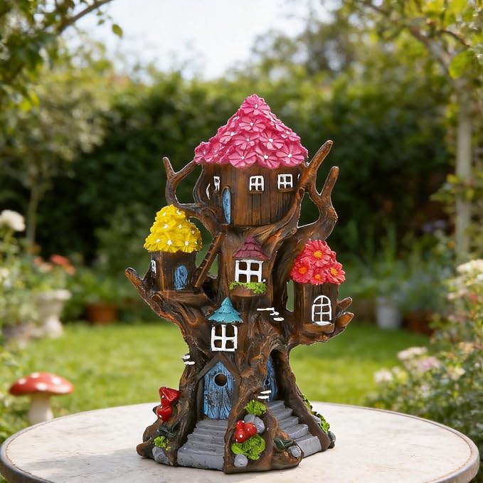 Solar Fairy House 11.8” Tall Fairy Garden House for Outside, Large Fairy Garden Treehouse Accessories Outdoor, Gnome House Garden Statue Fairy Tree House, for Home, Yard, Balcony Decor