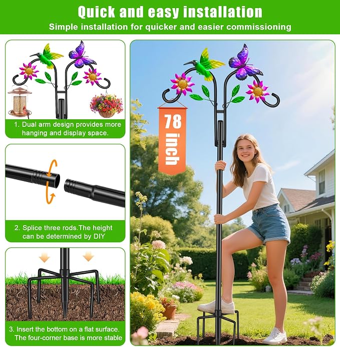 Double Shepherds Hooks for Outdoor, Artistic Hummingbird & Flower Design, 5 - Prong Base, Ideal for Bird Feeders, Baskets & Lanterns (1 Pack)