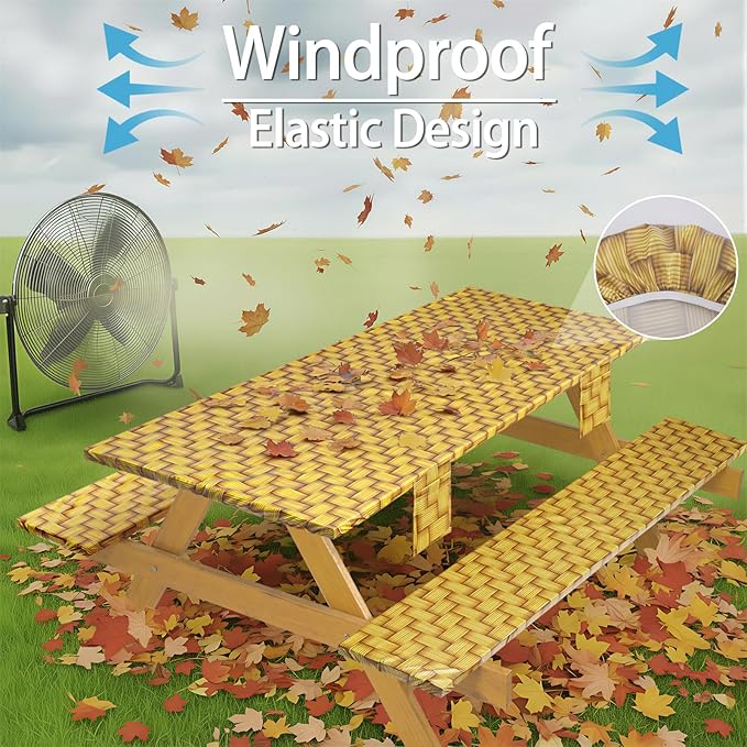 Fitted Picnic Table Cover with Chair Covers Elastic Water Resistant Camping Tablecloth for 8 Foot Rectangle Tables Garden Patio Outdoor Organization Road Trip Hiking Motorhome Essential Gift