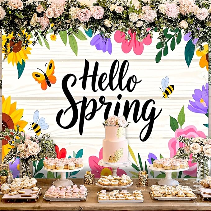 BlissYard Hello Spring Backdrop Decoration Floral Garden Banner 8x6ft Spring Photo Backdrop Flower Background for Spring Party Easter Celebration Photo Booth Kids Event Wall Display