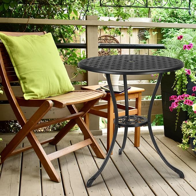 GarveeHome Patio Bistro Table, 24" Round Outdoor Coffee Table with 2" Umbrella Hole, Outdoor Cast Aluminum Bistro Table Side Table with Iron Frame for Balcony Backyard Lawn and Garden, Classic Black
