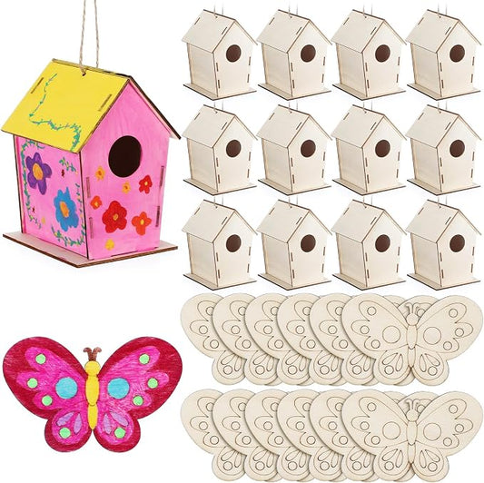 DoubleFill 24 Pack Wooden Bird Houses Bulk Butterfly Wood Chips for DIY Unfinished Hanging Birdhouse Kits Wooden Craft Houses to Paint Summer Bulk Craft Family Crafts Party Favor