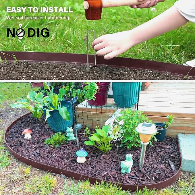 Landscape Edging, 3IN Tall Garden Edging Borders,Flexible Lawn Edging Border Kit,Mini Plastic Fence for Yard Flowerbeds,Grass (Brown, 3 in x 49 FT)
