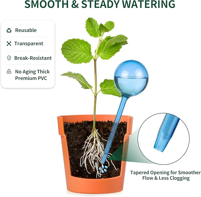 Soilagua 6-Pack Plastic Small Plant Watering Globes, Premium PVC Shatter-Resistant Plant Waterer, Self Watering Planter Insert with Tapered Opening, Automatic Watering Spikes for Daily & Vacation
