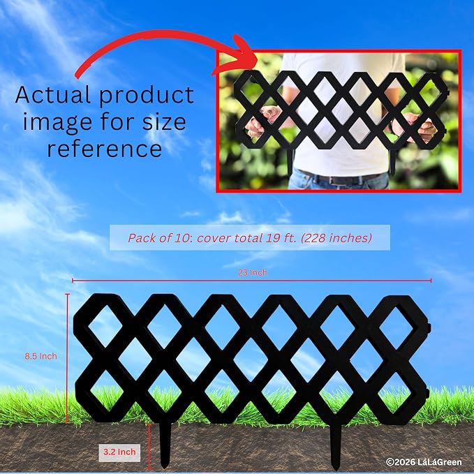 LaLaGreen Garden Edging Border (23x8.5 Inch, 10 Pack) Black Plastic Fence Panels, Landscape Edging for Yard Lawn Patio Pathways Trees, Decorative Flower Bed Borders Outdoor Style Decor