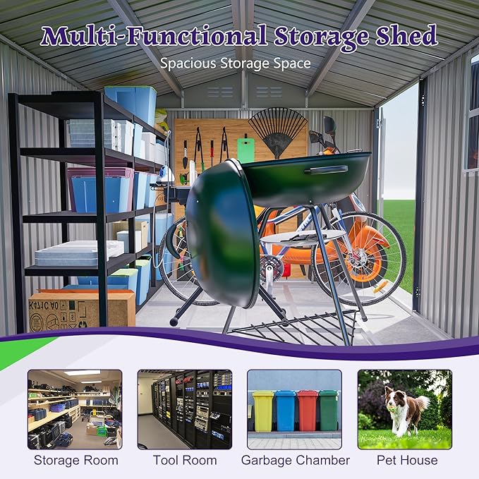YOPTO 10X8 FT Outdoor Storage Shed,Metal Shed W/Window,Floor Frame & Lockable Swing Door,Garden Tool House W/ 4 Air Vents & Sloped Roof,for Backyard Patio Lawn,Gray