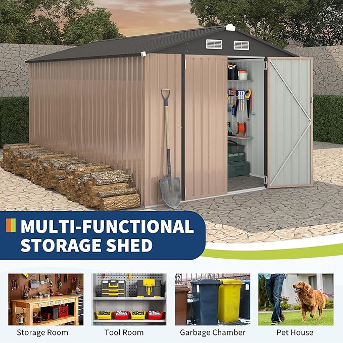 8x12 FT Outdoor Storage Shed, Heavy-Duty Waterproof Metal Tool Storage Shed with Lockable Door, Vents and Sloped Roof for Backyard, Patio