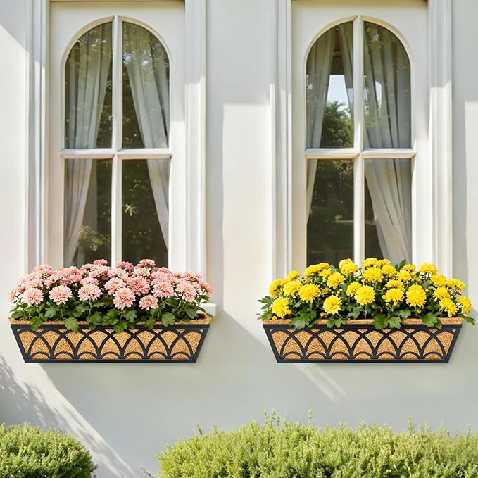 30 Inch Railing Planter Box Window Boxes Planters - 6 Pack Deck Railing Planter Boxes with Adjustable Brackets Coco Liners Balcony Planters Railing Hanging for Window Flower Boxes Outdoor Garden Decor