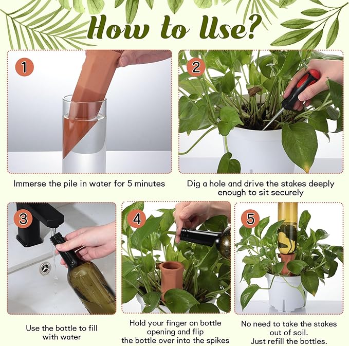 SiliFine 6 Sets Plant Watering Devices Include Terracotta Self Watering Spikes and 26 oz Plastic Bottles, Slow Release Vacation Insert Automatic Plant Waterer Device (Emerald Green and Terracotta)