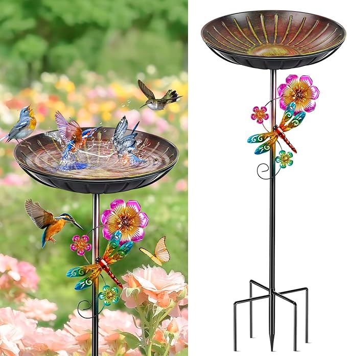 Metal Bird Bath for Outside, Removable Birdbath Feeder Bowl for Outdoors, Freestanding Bird Baths with Upgraded 5-Pronged Base for Garden Patio Yard Lawn Decor (Vintage Red-Yellow)