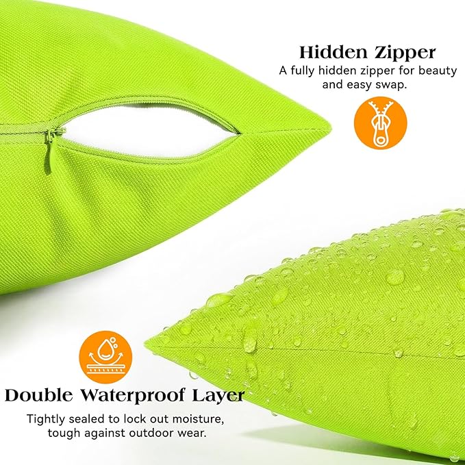 Lewondr Waterproof Outdoor Throw Pillow Cover, 2 Pack Solid PU Coating Lumbar Throw Pillow Case UV Protection Garden Cushion Cover for Patio Sofa Couch Balcony 12"x20"(30x50cm), Fluorescent Green