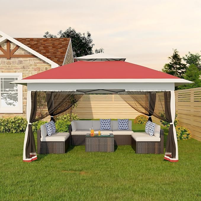 GarveeLife Canopy Tent 13x13 ft, Pop Up Gazebo One-Push Setup with 4 SandBags for Backyard Parties and BBQs, Mosquito Netting & Height Adjustable - Red