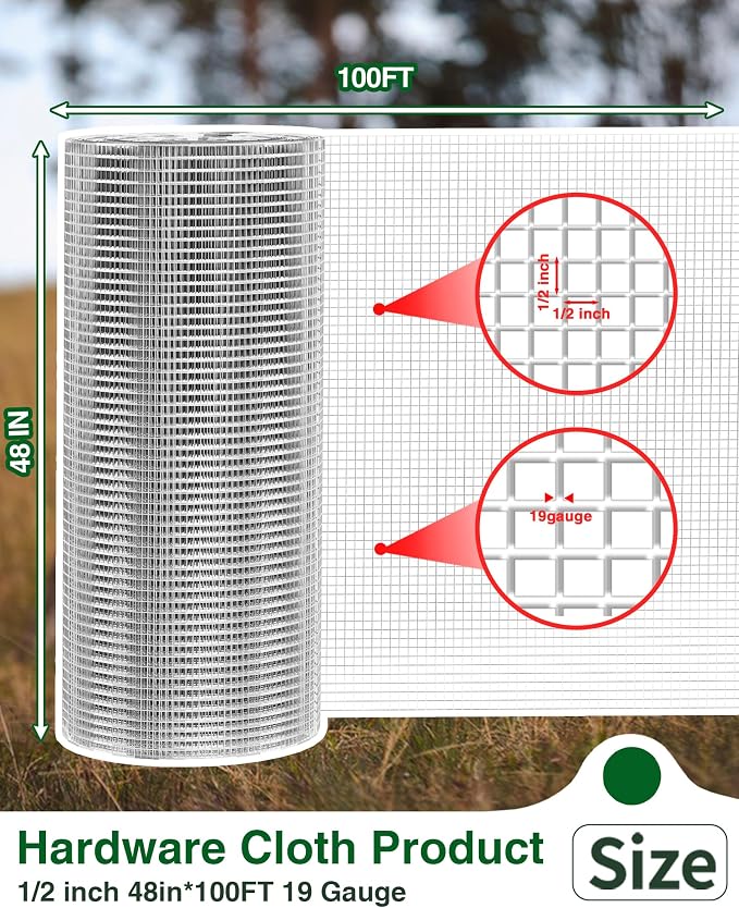 Pterying 1/2" x 48" x 100FT Silver Hardware Cloth - Hot-Dip Galvanized Chicken Wire Fencing, 19 Gauge Welded Wire Mesh Roll for Chicken Coop, Rabbit, Snake, Deer Fencing and Garden/Tree Protection