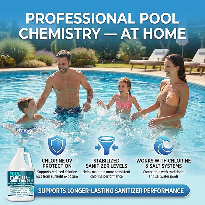 BubbyShine, Pool Stabilizer - Cyanuric Acid Pool Stabilizer, Liquid Chlorine Stabilizer for Pool Chemicals, Swimming Pool Conditioner Stabilizer, for Salt Pool & Chlorine, 1 Gallon