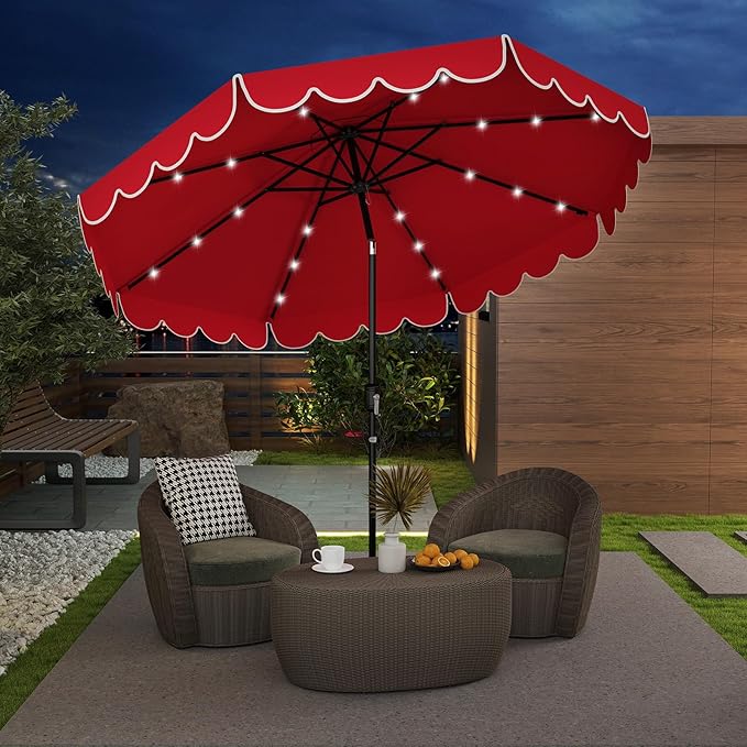 Tangkula 9 FT Solar Patio Umbrella, 2-Tiers Scalloped Outdoor Table Market Umbrella with 32 LED Lights, Vented Top, Tilt Adjustment, Crank, 8 Ribs for Backyard Poolside Deck Beach Lawn (Red)